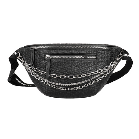 Fanny Pack Women Leather Black Large Metal Chain